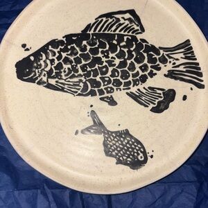 Anthropologie Black Fish Motif Ceramic Plate